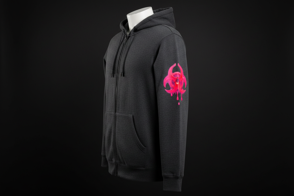HDB Moto Biohazard Zip Up Hoodie - Left Sleeve Hot Pink Drip Biohazard Art Halfway Down