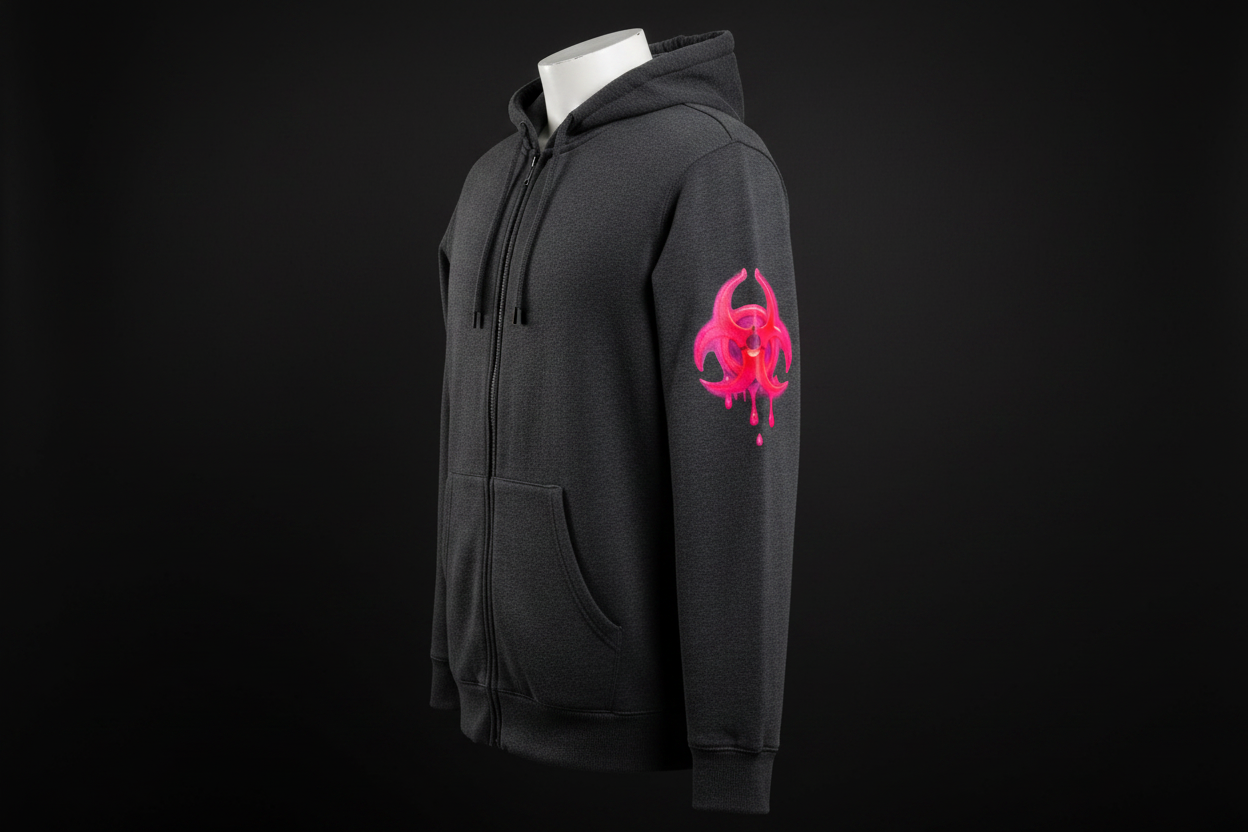 HDB Moto Biohazard Zip Up Hoodie - Left Sleeve Hot Pink Drip Biohazard Art Halfway Down