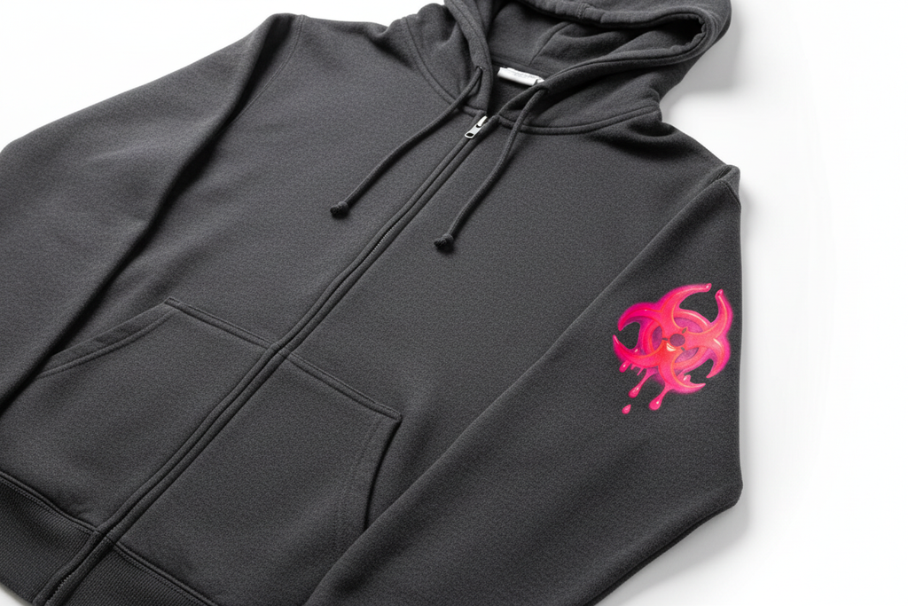 HDB Moto Biohazard Zip Up Hoodie - Left Sleeve Flat Lay Hot Pink Drip Biohazard Art