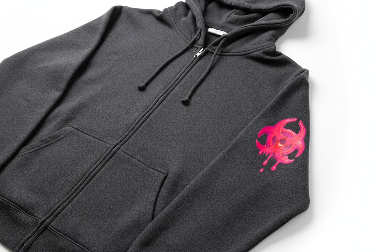 HDB Moto Biohazard Zip Up Hoodie - Left Sleeve Flat Lay Hot Pink Drip Biohazard Art